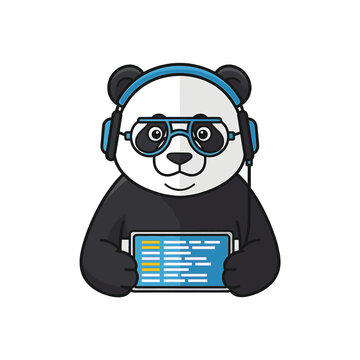 Vector illustration of a cute panda mascot character sitting at a desk coding on a laptop, featuring programming symbols and software development elements on a clean background.