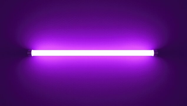 Bright fluorescent tube light against a vivid purple smooth textured background with copy space
