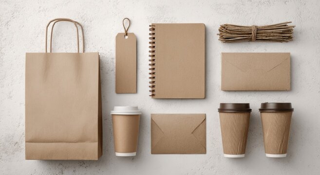 Various brown paper stationery, bags, cups, and twine arranged neatly