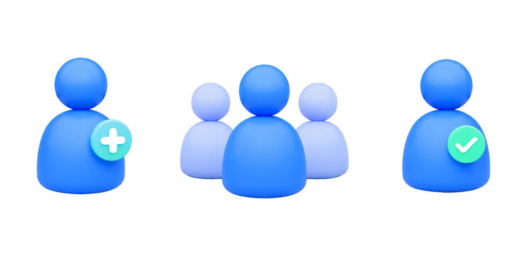 3D user profile icons set with single avatar group of people add new user and verified account concepts