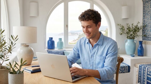 Young Man Working on Laptop in Mediterranean Style Home Office with Blue Tones, Remote Work Lifestyle Stock Photography
