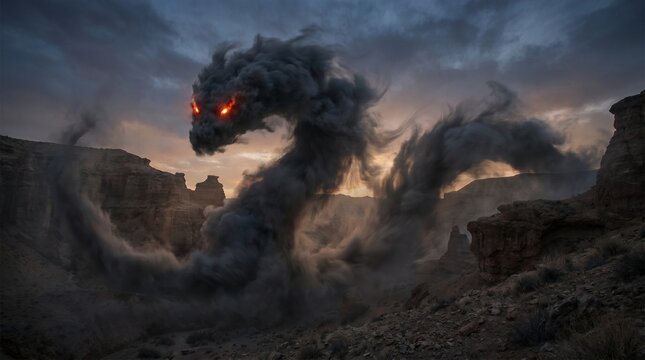 Majestic dragon formed from dark swirling smoke with glowing orange eyes soaring above a rugged canyon landscape during a dramatic sunset in this cinematic fantasy photo