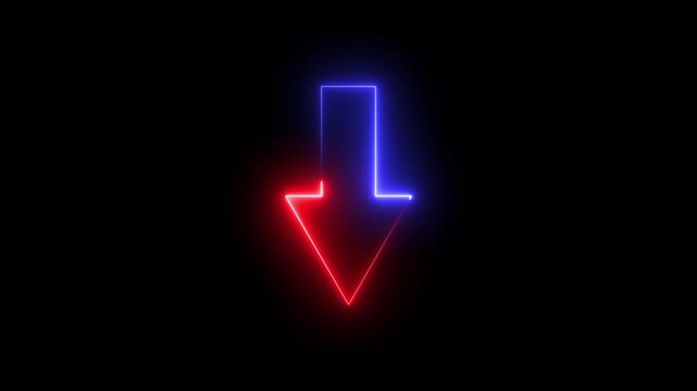 Neon glowing arrow sign animation with shifting red and blue light effects on black background