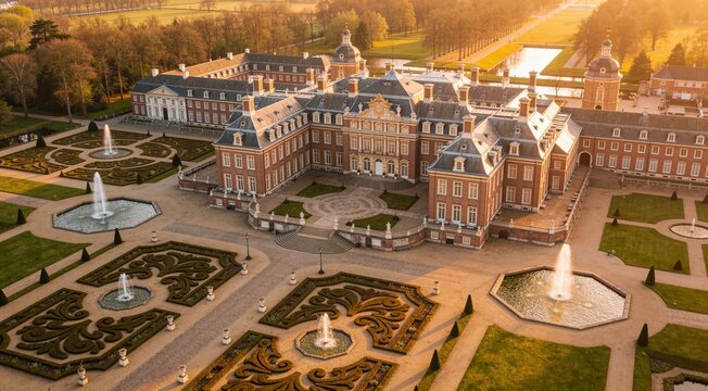 Aerial panorama of Paleis Het Loo with formal gardens