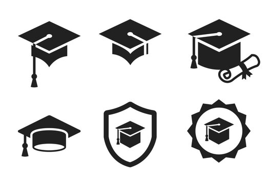 Collection of graduation cap diploma and academic achievement icons featuring university education certificate scholarship and student success symbols for learning platforms