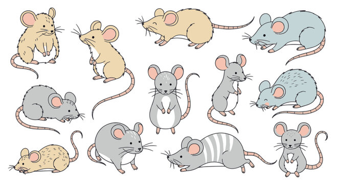 Collection of cute hand-drawn mouse characters in various whimsical poses and expressions, detailed vector illustration set for nursery decor, scrapbooking, and children's designs.