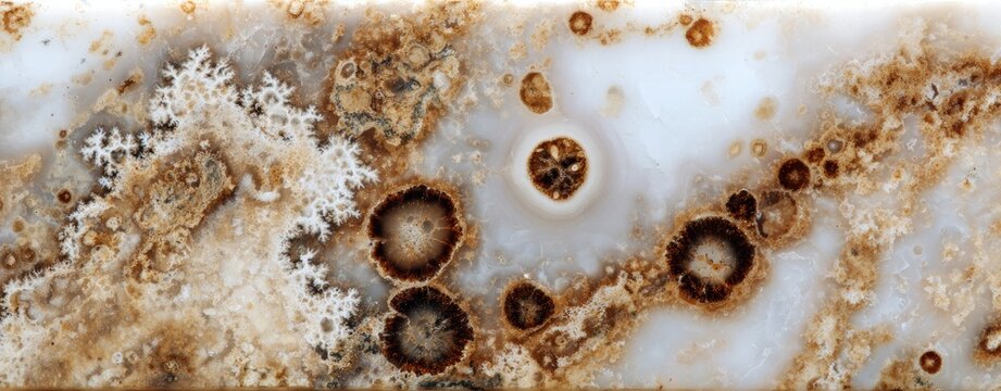 Abstract pattern of white and brown swirling mineral formations and crystal growths
