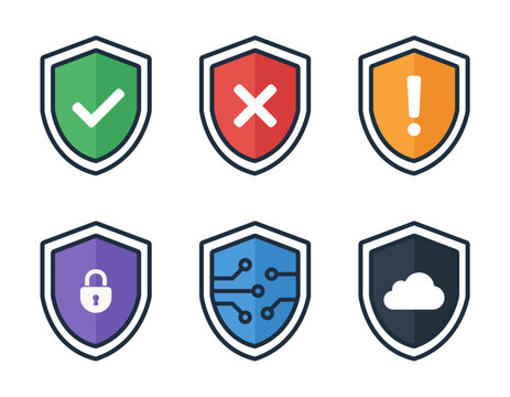Collection of cybersecurity shield protection and cloud security icons featuring secure access firewall warning and digital privacy symbols for network defense systems
