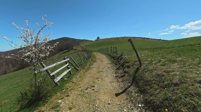 Clear blue sky above green hills. Mount Goc, Ljukten peak. Balkans, Serbia
