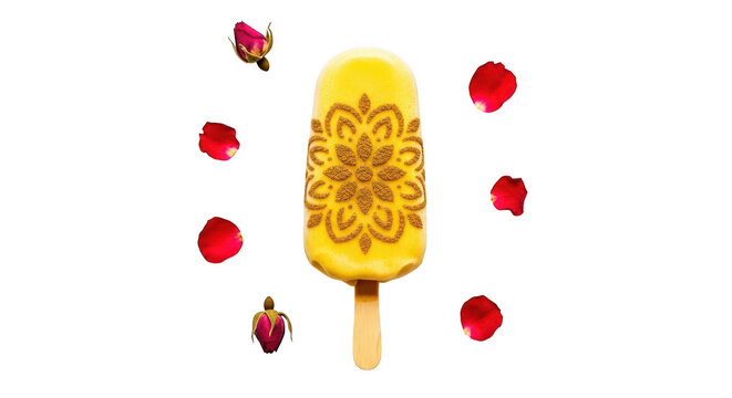 Yellow popsicle with a delicate mandala pattern made of cinnamon powder, decorated with rose petals isolated on transparent background
