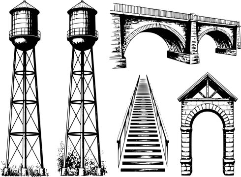 Black and white of vintage water towers, stone bridge, staircase, and archway industrial