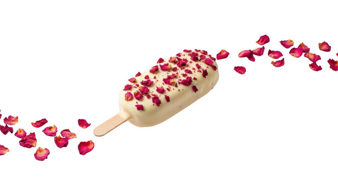 Ice cream bar covered in white chocolate and decorated with dried rose petals isolated on transparent background