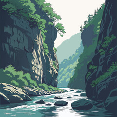 Mountain river canyon illustration with lush green vegetation ©  AMINA 1122