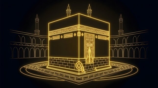 Golden line art illustration of the kaaba in mecca saudi arabia