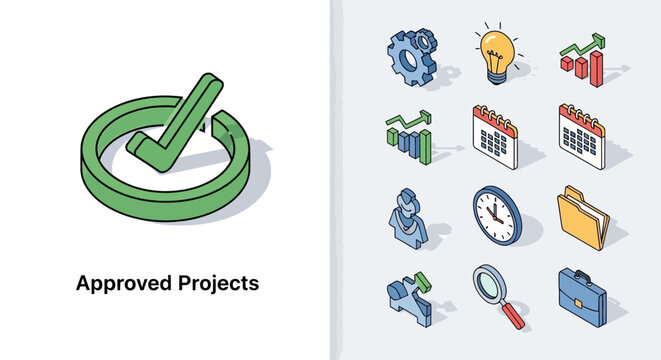 Approved Projects and Business Management Isometric Icons Set