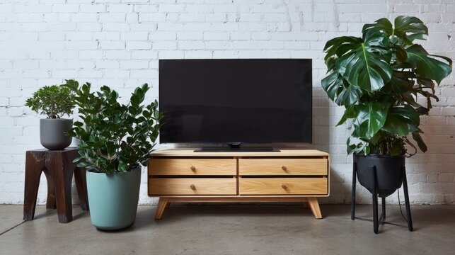 Minimalist setup TV on wood stand, surrounded by lush green plants