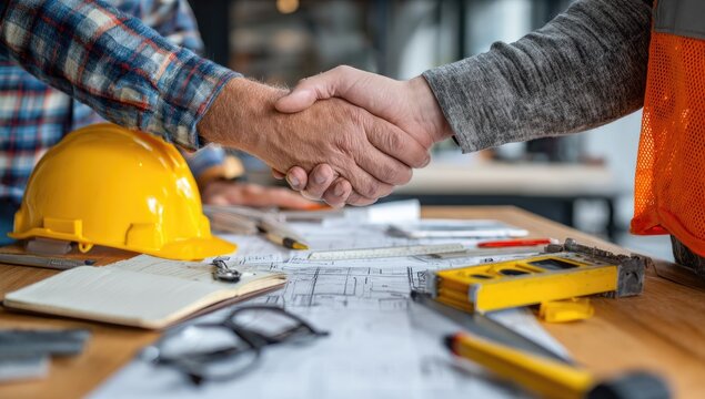Two builders shake hands over blueprints, a helmet and tools on table