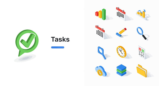 Isometric 3D icons set for business tasks, project management, and productivity.