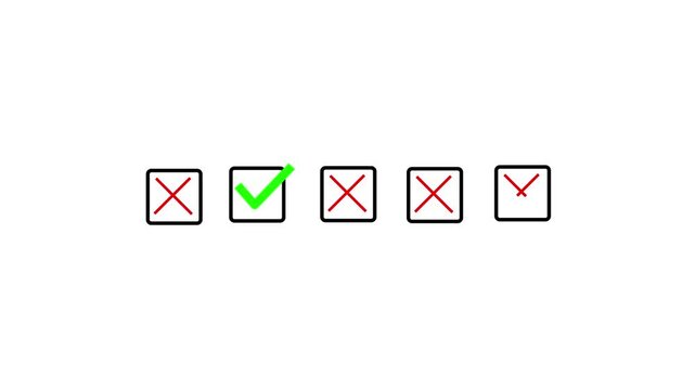 One Approved Option Among Rejected Checklist Choices with Green Check and Red Cross Icons, Selection Decision Motion Background