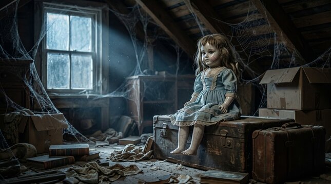 Spooky halloween scene with creepy doll sitting on old trunk in attic
