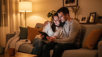 Obraz premium Couple Watching Tablet Together on Couch in Cozy Living Room