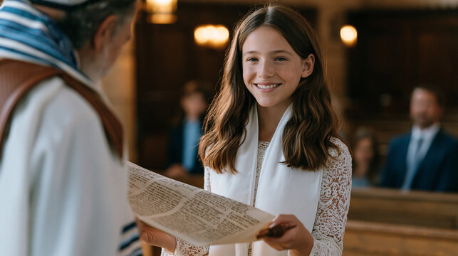 Teenage girl receives her bat mitzvah Torah reading portion from a rabbi in a small synagogue while her family watches from the front pew, the moment representing a rite of page deeply tied to liter