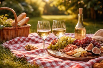 Fototapeta premium Cheerful picnic scene showcasing checkered cloth, elegant white wine glasses, and garden grapes