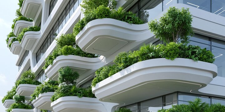 Modern futuristic skyscraper with curved wavy balconies fully covered in dense lush green plants bringing sustainable eco living to modern urban city