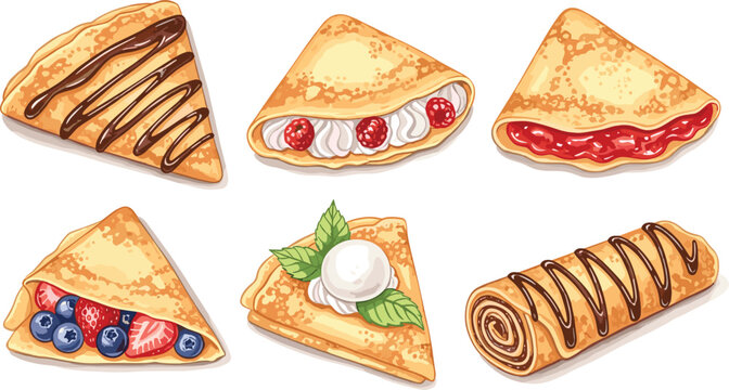 Sweet Crepe and Pancake Vector Set with Delicious Toppings Including Chocolate Drizzle, Fresh Berries, Whipped Cream, Ice Cream, and Strawberry Jam Filings