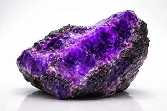 Sugilite mineral specimen with vibrant purple hues showcased on white backdrop