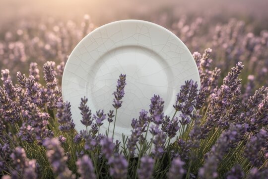 White plate placed among lavender blooms in soft golden-hour light and gentle bokeh