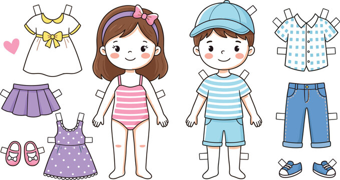 Cute paper doll children with interchangeable clothes outfits and accessories printable cartoon vector illustration set