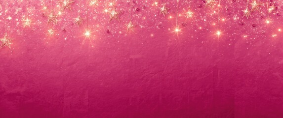 Fototapeta premium Cheerful magenta paper textured background with glittering decorative stars and lights