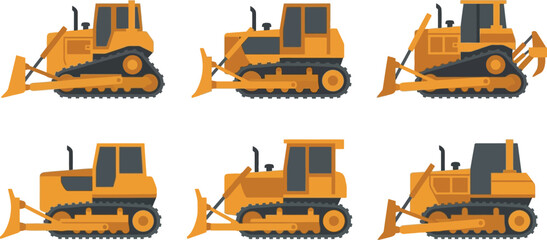 Set of yellow bulldozer vector illustrations heavy construction machinery for earthmoving and industrial projects isolated on a white background © Hafizbro