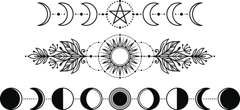Mystical moon phases collection with celestial symbols sun ornament and botanical decorative vector illustration set
