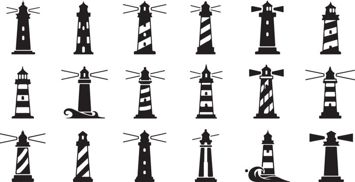 Lighthouse icons, nautical symbols, striped towers, navigation signs, vector graphics