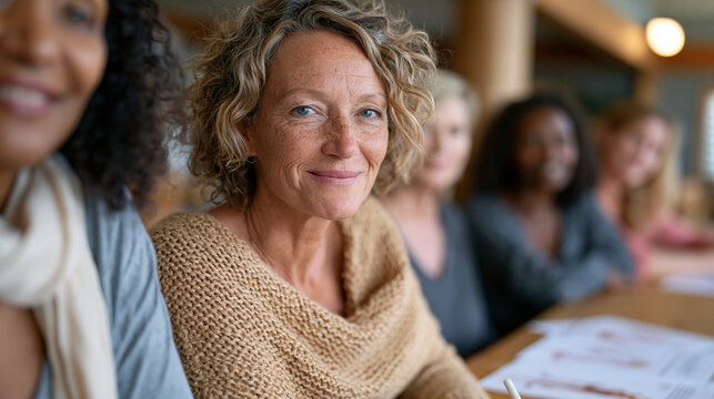 Group of women in their fifties attending menopause wellness workshop in community center, estrogen decline aging education group dynamic, afternoon indoor lighting, anatomical diagrams and printed 