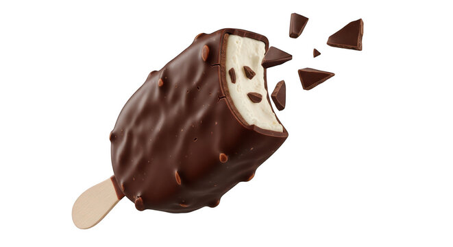 Chocolate covered vanilla ice cream bar on a wooden stick with chocolate chunks isolated on transparent background