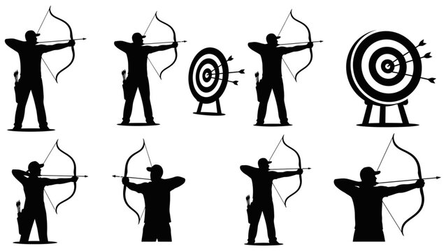 Archery silhouette icons archer poses and targets