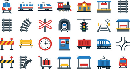 Train and Railway Icon Set Featuring Locomotives, Train Tracks, Stations, Signals, Platforms, Tunnels, Cargo, Clocks, and Railroad Crossing Symbols for Digital Designs © JillurRahman