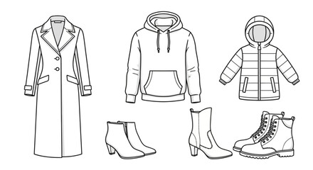 Winter fashion apparel icons: long coat, hoodie, puffer jacket, boots © KOKO