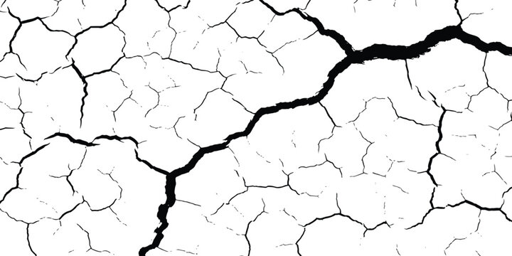 Black and white cracked earth texture showing dry soil fractures and damaged ground vector illustration.