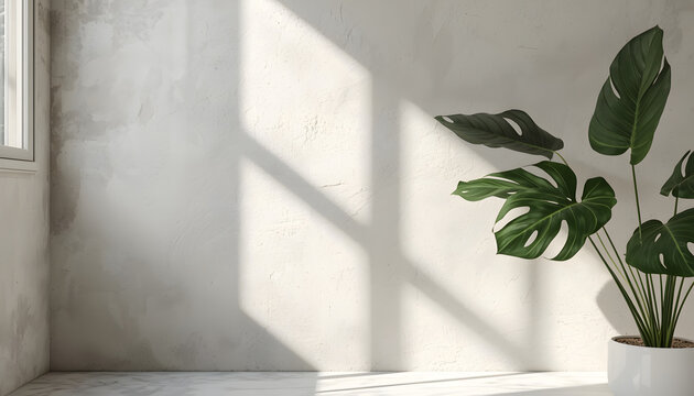 Bright indoor backdrop background with rough plaster corner wall and monstera leaf shadow