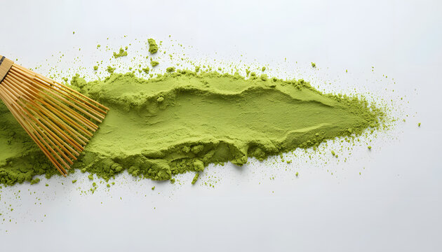 Sifted Japanese matcha green tea powder flat lay background with raked wave texture