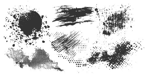 Fototapeta premium Collection of black grunge design elements including ink splatters brush strokes and halftone dots vector illustration.