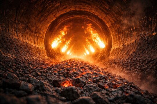 Rotary kiln interior with vivid flames actively roasting clinker for cement manufacturing