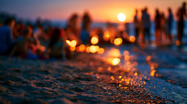 Blurred summer beach gathering at sunset with glowing firelight wet sand foreground and ocean horizon for vacation background design