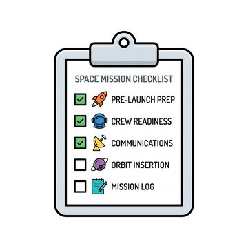 Space mission checklist clipboard with preparation and communication tasks.