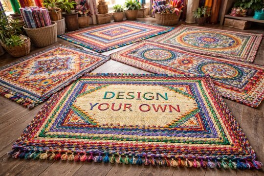 Traditional rag rugs offering customizable design areas and bright color schemes