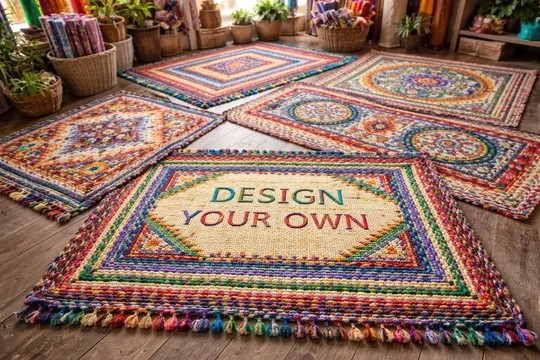 Traditional rag rugs offering customizable design areas and bright color schemes